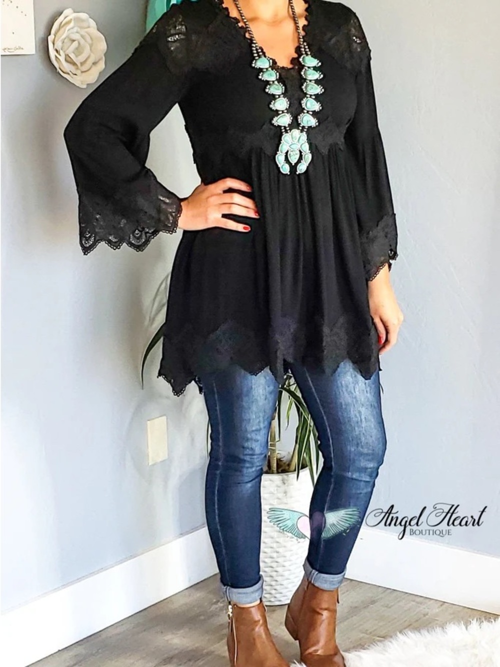 Black Lace-Trim Peasant Blouse - Women